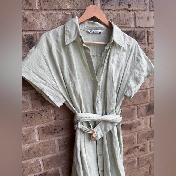 Zara Green Linen Collar Belted Dolman Sleeve Mini Dress - Picture 7 of 10